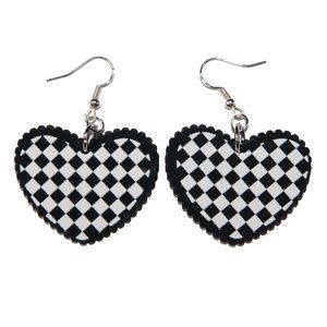 3/$25 Gothic Black & White Checkered Heart Earrings Hypoallergenic 925
